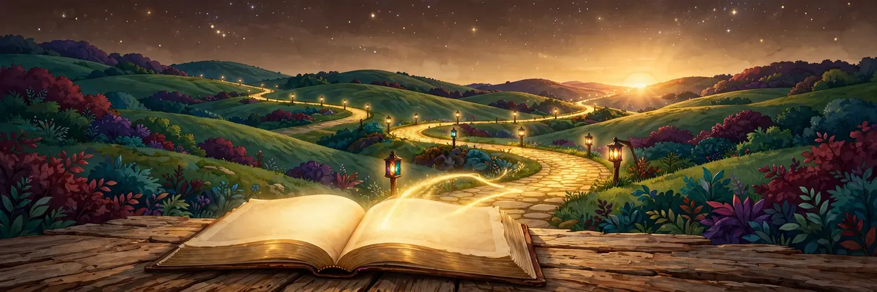 An open Bible with a lantern-lit adventure path winding through jewel-colored hills toward the sunrise